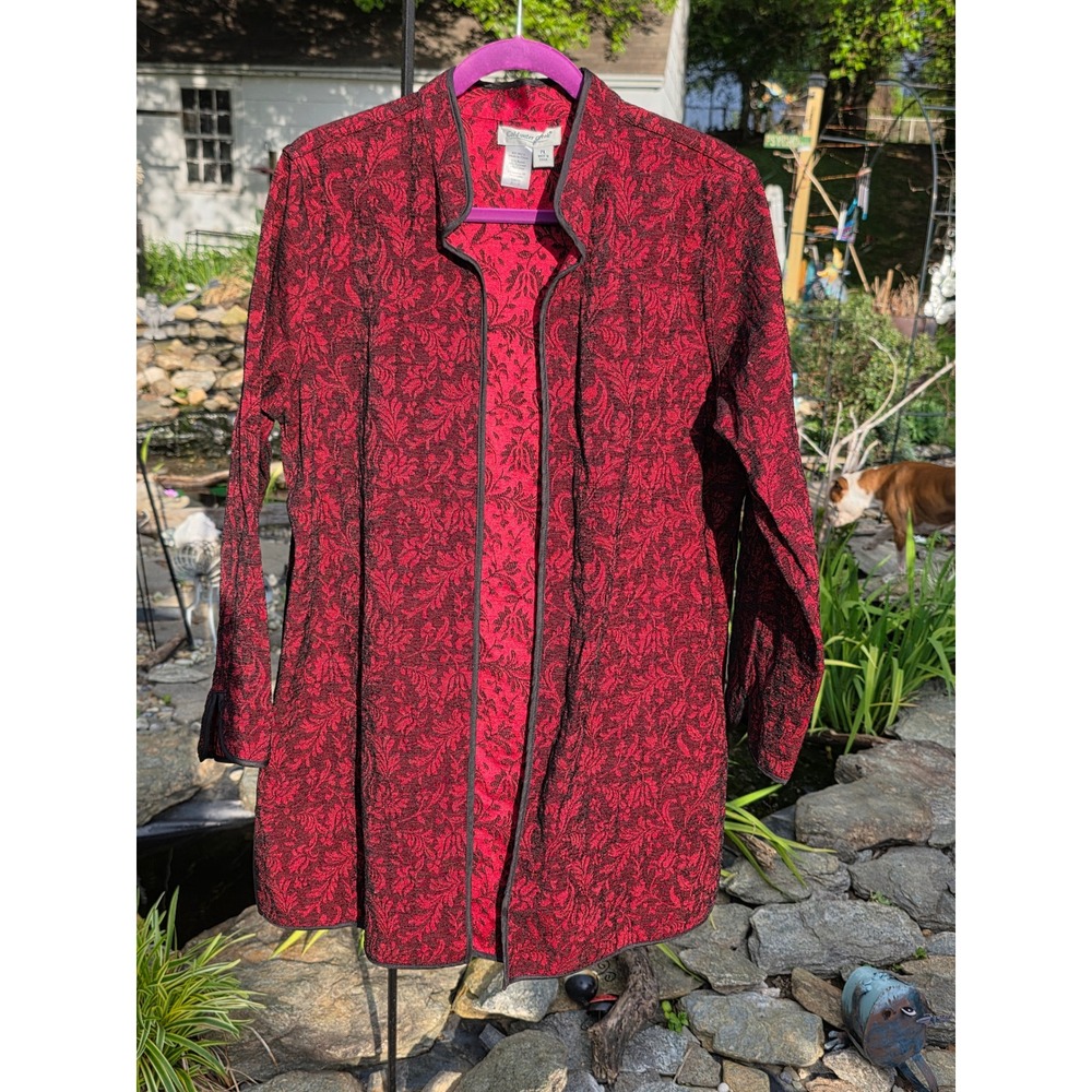 Coldwater Creek Red Black Damask Floral Jacquard Open Front Reversible Petite Lg